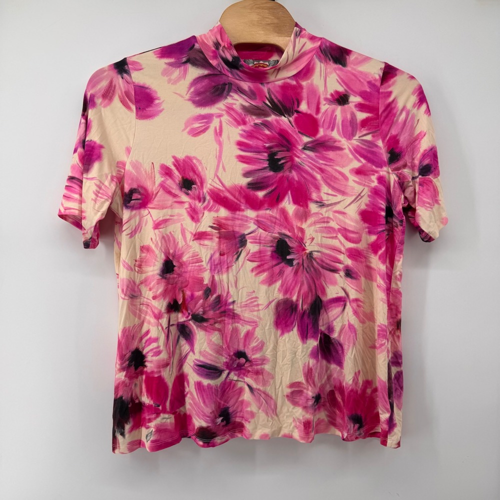 Johnny Was Mock Neck Top Women 2X Pink Floral Short Sleeve Rayon Stretch